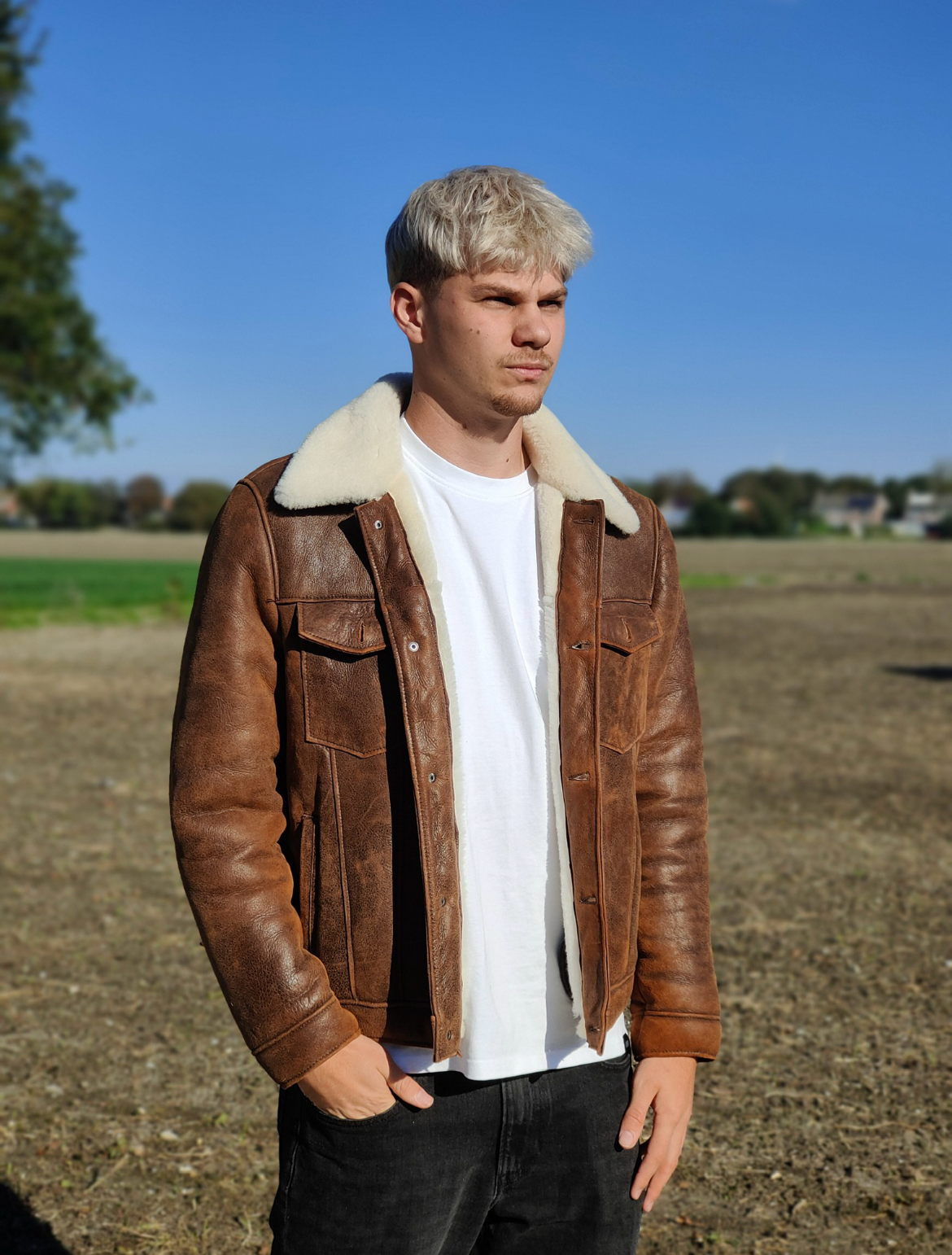 Leren jack gevoerd met schapenwol OP=OP